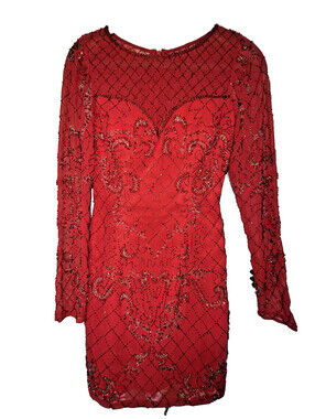 Shail K Formal Party Beaded Red Long sleeved Mini Dress Sz 0